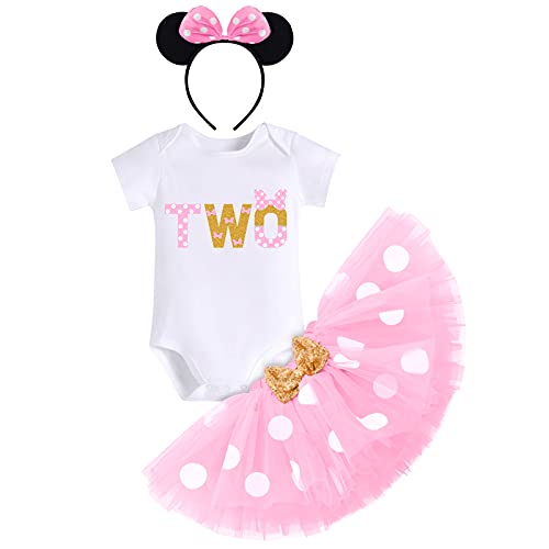 OBEEII Minnie Conjunto de Ropa para Bebé Niñas Princesa Disfraz Mono de Mangas Corta con Hombros con Lentejuelas con Cuello Redondo Vestido de Tul Tutú de Lunares Y Diadema 3 Piezas 2 Años