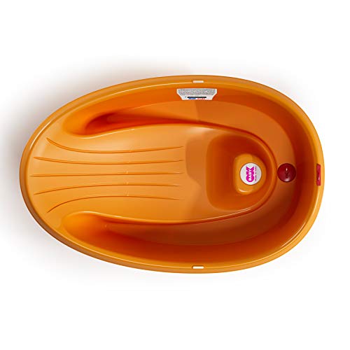 OKBABY Bañera Onda Baby - Base antideslizante, con termómetro digital de cristal líquido incorporado - Soporte trasero en ángulo - Se adapta al inerior de la bañera o la ducha - Naranja