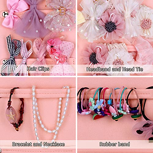 Organizador de Diadema Hair Bow Holder, Colgante de Pared Decoración con 18 broches y 10 cintas desmontables para Habitación Accesorios de peinado Gomas del pelo Pinzas para el Cabello(Corto- Rosado)