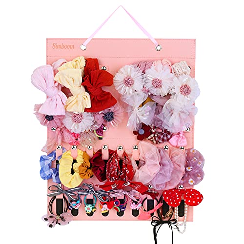 Organizador de Diadema Hair Bow Holder, Colgante de Pared Decoración con 18 broches y 10 cintas desmontables para Habitación Accesorios de peinado Gomas del pelo Pinzas para el Cabello(Corto- Rosado)