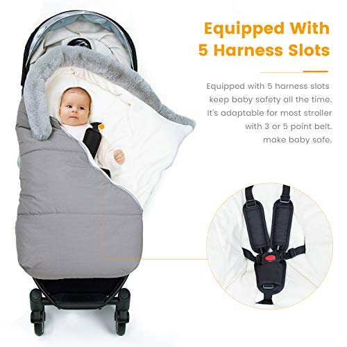 Orzbow Sacos Carrito Bebe Universal,Inviern Saco Silla Paseo,Saco Capazo Cochecito Bebe Con cuello de piel Impermeable a Pruebade Viento Forro de vellón polar (Gris Claro)