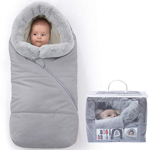 Orzbow Sacos Carrito Bebe Universal,Inviern Saco Silla Paseo,Saco Capazo Cochecito Bebe Con cuello de piel Impermeable a Pruebade Viento Forro de vellón polar (Gris Claro)