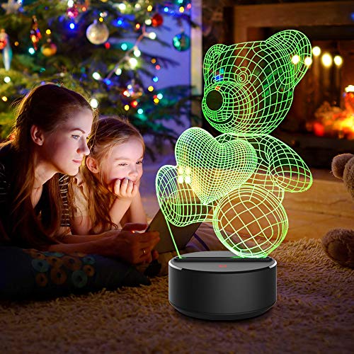 Oso de peluche 3D luz de noche, regalo de hadas lámpara para Navidad, día festivo, cumpleaños, decoración de habitación infantil, con 16 colores cambiantes + modo de cambio + control táctil