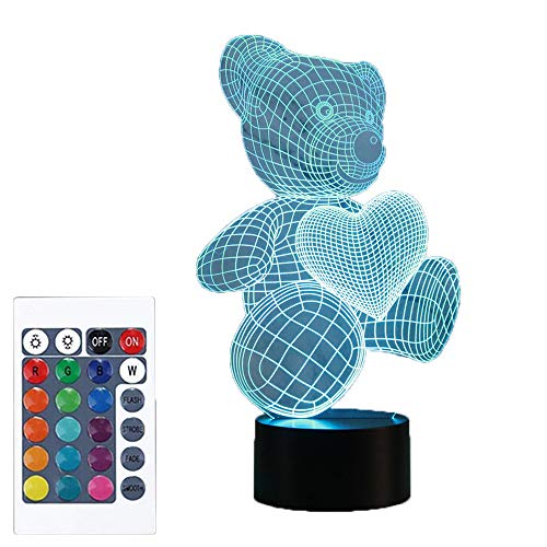 Oso de peluche 3D luz de noche, regalo de hadas lámpara para Navidad, día festivo, cumpleaños, decoración de habitación infantil, con 16 colores cambiantes + modo de cambio + control táctil