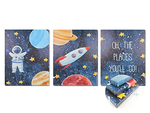 Pack 3 Tríptico cuadros con marco decorativos de lienzo impreso infantiles para decoración pared habitación dormitorio niños con bastidor de madera - 3 cuadros tamaño 40x50cm (Astronauta)