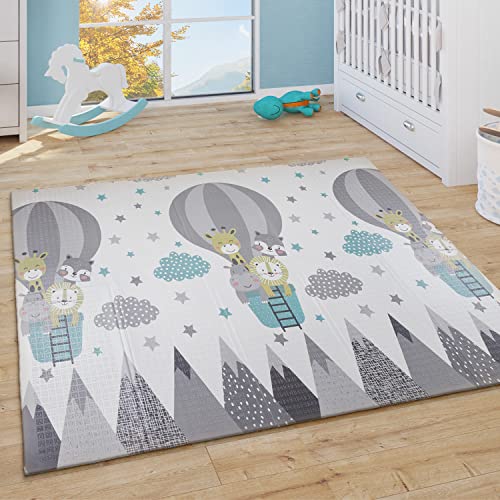 Paco Home Alfombra Juegos Cuarto Infantil Bebé Lavable Animales Nubes Reversible Estrellas Luna Blanco Gris Azul, tamaño:150x200 cm