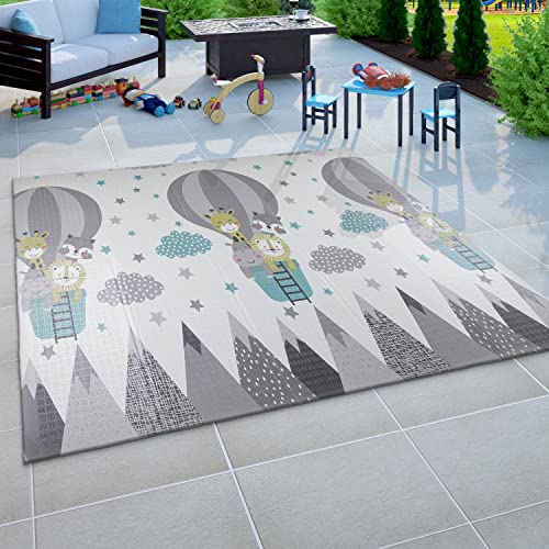 Paco Home Alfombra Juegos Cuarto Infantil Bebé Lavable Animales Nubes Reversible Estrellas Luna Blanco Gris Azul, tamaño:150x200 cm