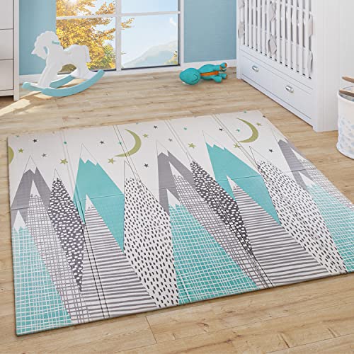 Paco Home Alfombra Juegos Cuarto Infantil Bebé Lavable Animales Nubes Reversible Estrellas Luna Blanco Gris Azul, tamaño:150x200 cm