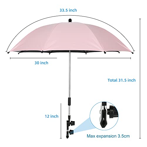 Paraguas de Cochecito para Bebés,con Universal Abrazadera Ajustable,30 Pulgadas Parasoles , Sombrilla para Niños,UPF 50 +,Adecuado para Cochecitos (Rosa)