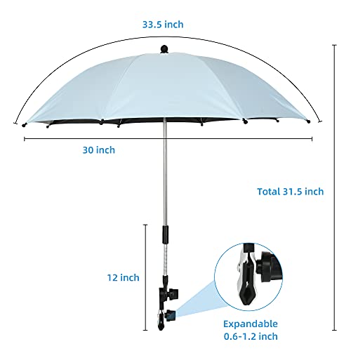 Paraguas para silla infantil con abrazadera ajustable de 76 cm, con clip de fijación UPF 50+, ideal para sillas de patio, cochecitos, sillas de ruedas (azul)