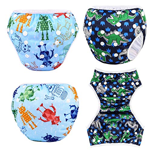 PHOGARY Pañal Bañador (2 Piezas) Pañal De Natar Pantalones De Entrenamiento, Pañales De Baño Para Niños Niñas 0-3 Años (3-15kg), Robot + Dinosaurio