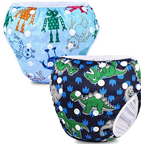 PHOGARY Pañal Bañador (2 Piezas) Pañal De Natar Pantalones De Entrenamiento, Pañales De Baño Para Niños Niñas 0-3 Años (3-15kg), Robot + Dinosaurio