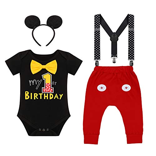 Pijama para bebé niño, 1º cumpleaños, disfraz de Mickey Mouse, pijama + tirantes ajustables + pantalones + cinta para la cabeza, 4 piezas, para hombre, Black-1st Birthday, 12-18 Meses