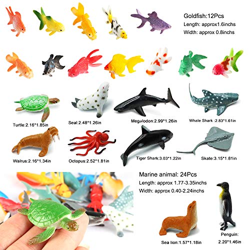 Pinowu Oceano Animales Marinos Juguetes de baño (36pcs) para Suministros para Fiestas - 3-8cm Caucho Oceano Criaturas Cifras con Marine Pulpo Tiburón Pescado Vida Marina para niño Educación