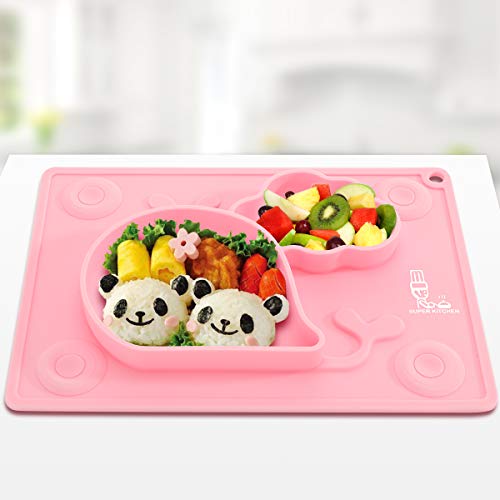 Placas de succión para bebés de niños pequeños de silicona, mantel de alimentación para bebés, mantel individual, plato de tazón de succión para bebé destete 27,5 × 19,7 cm, rosa, por Super Kitchen