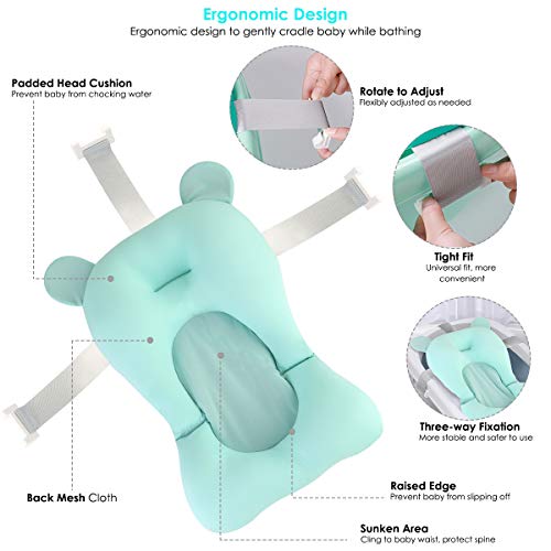 Ponacat Almohadilla de Soporte para Bañera de Recién Nacido Asiento de Cojín de Ducha Infantil de Malla Transpirable 3D Alfombra de Bañera Antideslizante Impermeable con Hebillas