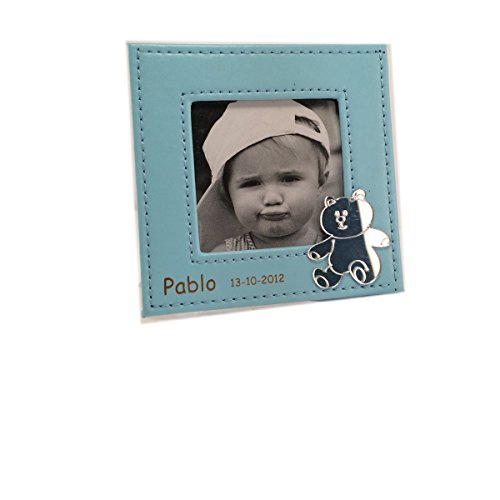 Portafoto para bautizo en piel GRABADO con nombre y fecha. Pack 10 unidades