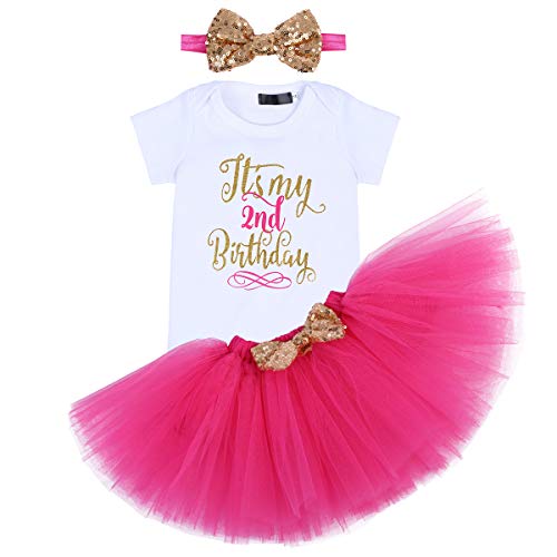 Recién nacido bebé niña es mi 1.2.3.Vestido de cumpleaños 3pcs traje traje + pelele + falda de tul + lazo cinta para la cabeza vestido de fiesta para sesión de fotos Rosa Caliente (2 años) 2 Años