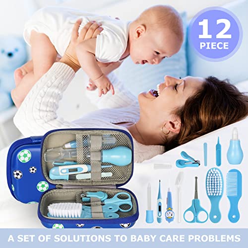 RoseFlower Kit de Aseo para Bebés, 12 Piezas Set para Cuidado del Bebé con Cortador de Uñas Cepillos de Dientes para Dedos, Cepillo Peine Tijeras, Set Cuidado Bebe Recien Nacido, Azul