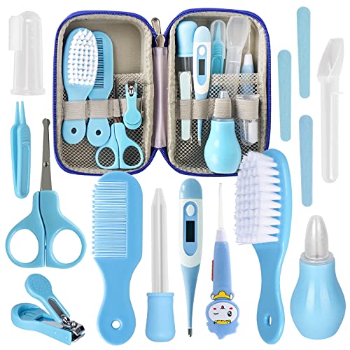 RoseFlower Kit de Aseo para Bebés, 12 Piezas Set para Cuidado del Bebé con Cortador de Uñas Cepillos de Dientes para Dedos, Cepillo Peine Tijeras, Set Cuidado Bebe Recien Nacido, Azul