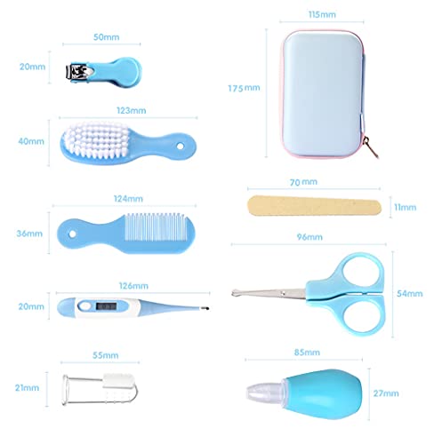 RoseFlower Set para Cuidado del Bebé, Kit de Aseo para Bebés 8 en 1 con Cortaúñas, Limpiador de Nariz, Cepillo de Dientes, Cepillo para El cabello, Regalo para Bebé Recién Nacido #1 (Azul)