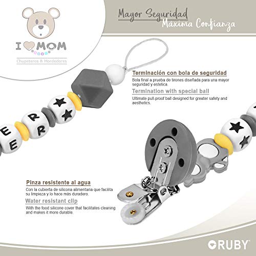 RUBY - Chupetero Personalizado ILOVEMOM para Bebé con Nombre Bola Antibacteriana con Pinza de Acero Inoxidable cubierta de Silicona (Gris-hx)