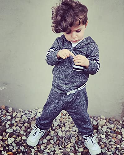 SANMIO 2Pcs Niños Ropa con Capucha Ropa Sudadera Top + Pantalones Bebés Chándal Conjuntos (Gris- Rayas, 18-24 Meses)