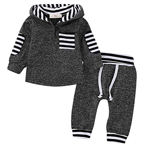 SANMIO 2Pcs Niños Ropa con Capucha Ropa Sudadera Top + Pantalones Bebés Chándal Conjuntos (Gris- Rayas, 18-24 Meses)