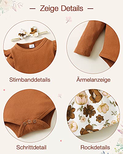 SANMIO 3 piezas Conjunto de Ropa Bebé Niña (0-18 meses) Manga Larga Volantes Mameluco + Falda de Tirantes Florales + Diadema Ropa Bebe Recien Nacido