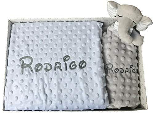 Set de Manta + Dou dou Personalizado con nombre bordado Elefante Azul/Gris Baby Shower - mibebestore