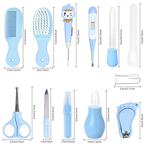 Set para Cuidado del Bebé HyAdierTech 13 piezas Conjunto de Aseo para Bebés Cuidado, Kit de Aseo Nail Clipper Tijeras Cepillo de Pelo Peine Manicura Termómetro, Perfecto para Recién Nacido (Azul)