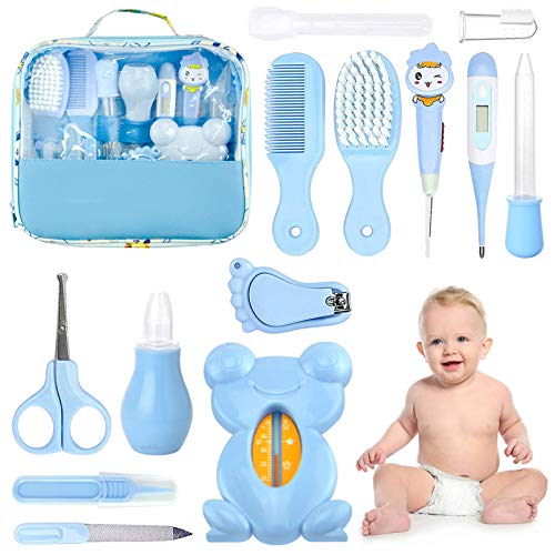 Set para Cuidado del Bebé HyAdierTech 13 piezas Conjunto de Aseo para Bebés Cuidado, Kit de Aseo Nail Clipper Tijeras Cepillo de Pelo Peine Manicura Termómetro, Perfecto para Recién Nacido (Azul)