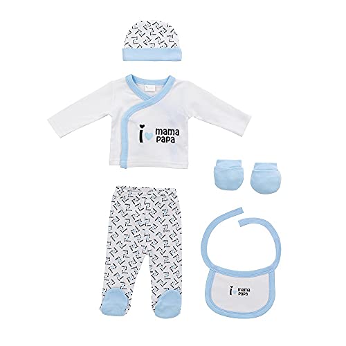 Set Primera puesta de 5 Piezas I Love Mamá Papá, Algodón Orgánico e Hipoalergénico Topitos De 0 a 6 meses aprox (Azul)