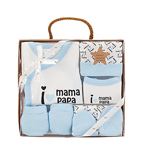 Set Primera puesta de 5 Piezas I Love Mamá Papá, Algodón Orgánico e Hipoalergénico Topitos De 0 a 6 meses aprox (Azul)