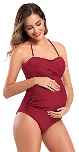 SHEKINI Mujer Embarazadas Traje de Baño Elegente Ajustable Acolchada Traje de Baño de Una Pieza Ruched Talla Grande Vestido de Premama Ropa de Playa（M,Vino Tinto-3