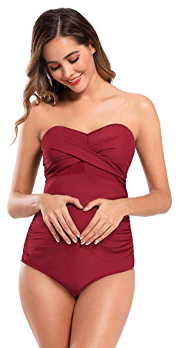 SHEKINI Mujer Embarazadas Traje de Baño Elegente Ajustable Acolchada Traje de Baño de Una Pieza Ruched Talla Grande Vestido de Premama Ropa de Playa（M,Vino Tinto-3