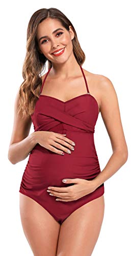 SHEKINI Mujer Embarazadas Traje de Baño Elegente Ajustable Acolchada Traje de Baño de Una Pieza Ruched Talla Grande Vestido de Premama Ropa de Playa（M,Vino Tinto-3