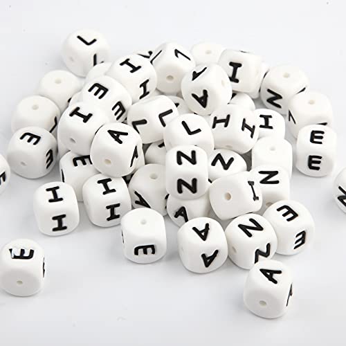 Silicona Letras Cuentas de Dentición, 50pcs English Alphabet 12mm Cube Haga su propio kit de bricolaje a granel Mix Nombre personalizado Baby Teether Chew Beads Sin BPA AEILN