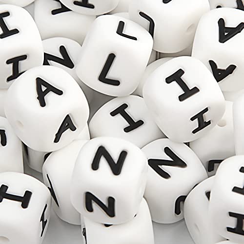 Silicona Letras Cuentas de Dentición, 50pcs English Alphabet 12mm Cube Haga su propio kit de bricolaje a granel Mix Nombre personalizado Baby Teether Chew Beads Sin BPA AEILN