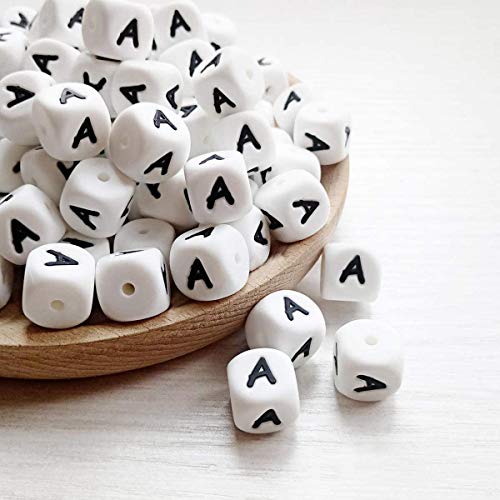 Silicona Letras Cuentas de Dentición,10pcs English Alphabet 12mm Cube Haga su propio kit de bricolaje a granel Nombre personalizado Baby Teether Chew Beads Sin BPA