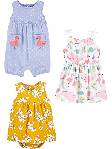 Simple Joys by Carter's 3-Pack Romper, Sunsuit and Dress Mamelucos, Animal/Flores/Flamenco, 18 Meses, Pack de 3