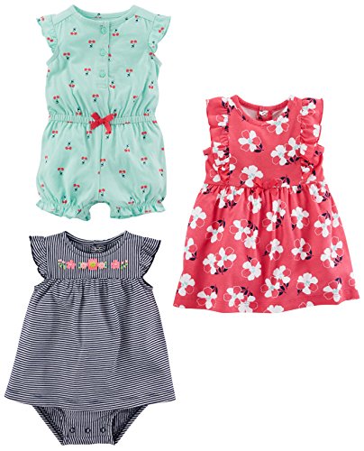 Simple Joys by Carter's Baby Girls paquete de 3 pelele, traje de sol y vestido ,Mint Cherries/Navy Stripe/Pink Floral ,US NB (EU 56-62)