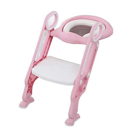 Sinbide Adaptador WC para Niños Asiento Plegable con Escalera Ajustable para Bebés Reductor WC de Inodoro Aseo Asiento de Inodoro Orinal Bacinica para Bebés y Niños 1-8 Años (Rosa-Blanco)