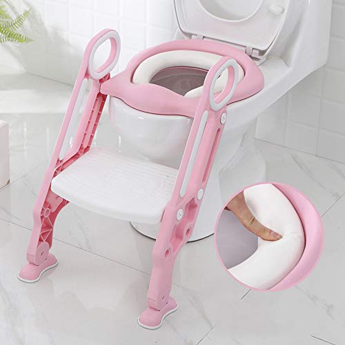 Sinbide Adaptador WC para Niños Asiento Plegable con Escalera Ajustable para Bebés Reductor WC de Inodoro Aseo Asiento de Inodoro Orinal Bacinica para Bebés y Niños 1-8 Años (Rosa-Blanco)