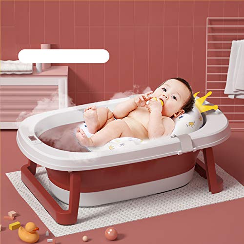 Sinbide Bañera para Bebé y Niño con Indicador de la Temperatura Bañera Plegable para Niños con Cojín de Baño Suave y Taburete Antideslizante de Baño (Rojo)