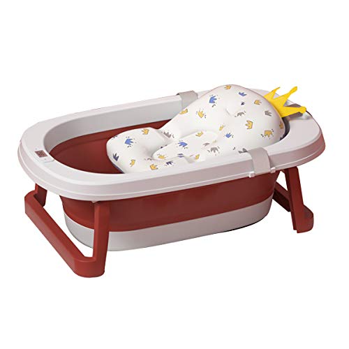 Sinbide Bañera para Bebé y Niño con Indicador de la Temperatura Bañera Plegable para Niños con Cojín de Baño Suave y Taburete Antideslizante de Baño (Rojo)