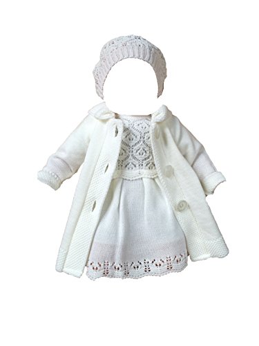 Six for Kids Vestido de bautizo para niña, vestido de punto con abrigo, gorro y abrigo de bautizo Blanco 80 cm