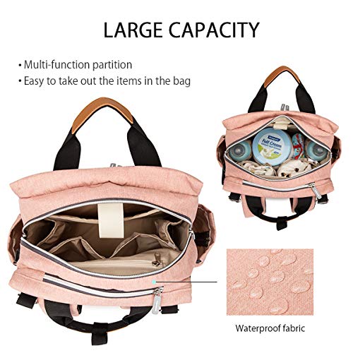 SONARIN Elegante impermeable Mochilas para Pañales con cambiador, bolsa para biberón, correa para cochecito,Interfaz USB,Gran Capacidad(Rosado)