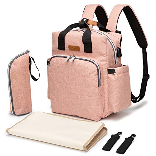 SONARIN Elegante impermeable Mochilas para Pañales con cambiador, bolsa para biberón, correa para cochecito,Interfaz USB,Gran Capacidad(Rosado)