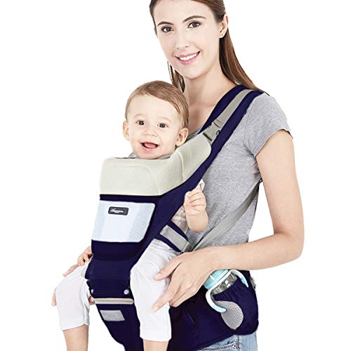 SONARIN Mochila Portabebés Ergonómico con Asiento de Cadera/Algodón Puro, Reposacabezas, Multiposición: Dorsal, Ventral, Ajustable para Recién Nacidos de 0 a 36 Meses (hasta 30 kg) Azul